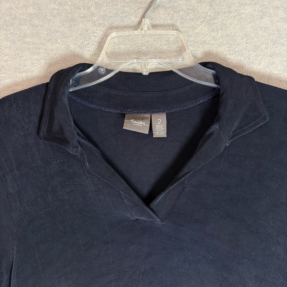 Chico's Travelers 2 L Collared V-Neck Pullover Tunic Navy Blue 3/4 Sleeve Slinky - Picture 3 of 11